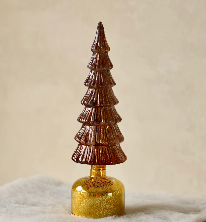 Rotating Christmas Tree - 33cm Rotating LED Glass Tree w/ Copper & Gold Mercury