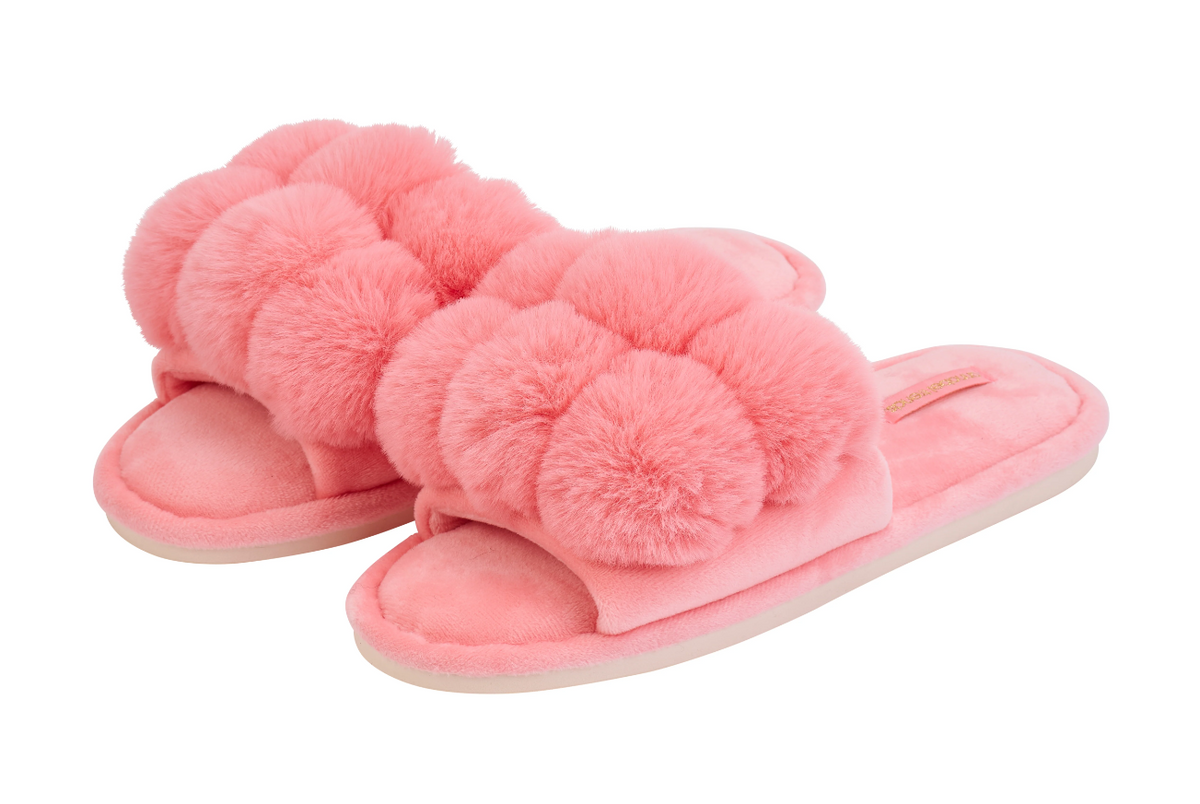 Coral Pom Pom Slippers - Annabel Trends