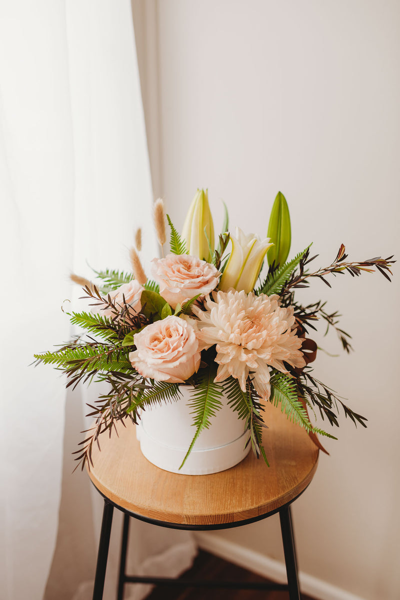 Lily, Rose and Bud Hat Box Arrangement